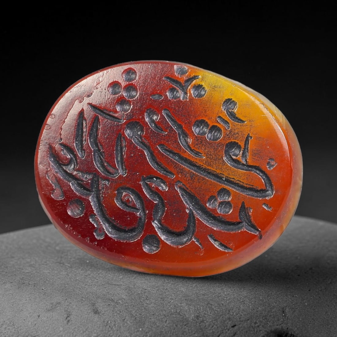 Vintage Mid-Century Carnelian Agate Islamic Calligraphic Intaglio Seal Cabochon Talisman, 26BW: This vintage mid-century natural carnelian agate intaglio seal cabochon draws inspiration from historic Islamic lapidary traditions, crafted as a wearable talisman and seal blank for jewelry setting. 