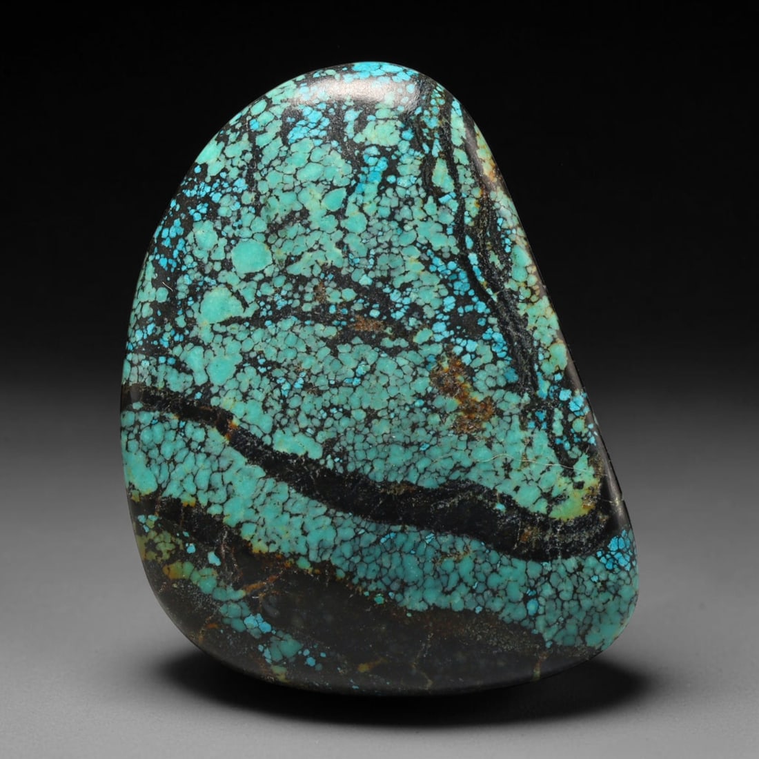 46ct Vintage Tibetan Natural Turquoise Freeform Cabochon Loose Gemstone, 87BW: Polished vintage Tibetan turquoise freeform cabochon loose gemstone, measuring 34x25 mm. Features characteristic natural matrix webbing and earthy mineral markings inherent to authentic Tibetan turquo