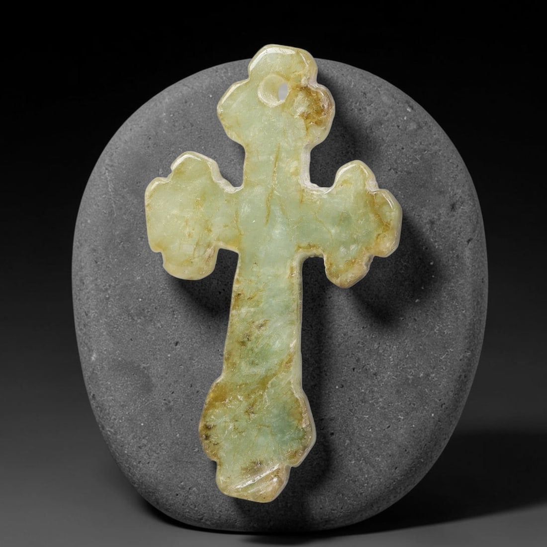 Natural Burmese Type A Jadeite Jade Christian Cross Pendant, 10BT: Hand crafted untreated Burmese Type A jadeite jade cross pendant measuring 35x20 mm, shaped into a classic Christian cross silhouette with tapered pointed terminals. The stone features a smooth polish