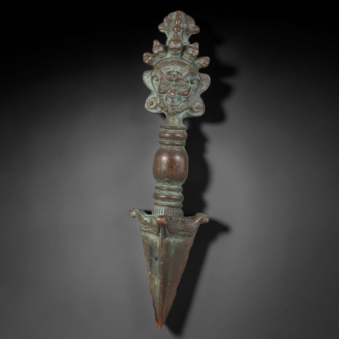 Vintage Tibetan Copper Alloy Guardian Face Ritual Phurba Dagger, 56AH (1 of 1)