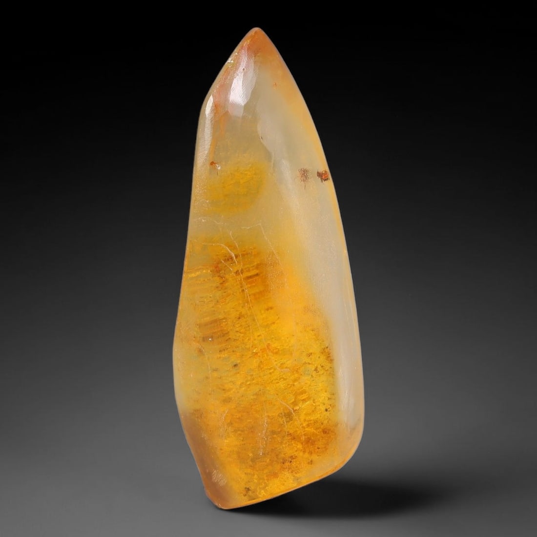 13.82ct Natural Baltic Polished Loose Freeform Amber Gemstone, 41EB: This smoothly polished freeform amber piece carries warm translucent organic clarity with fine natural fossil flecks and tiny mineral inclusions suspended throughout its 36x14mm flowing unstructured s