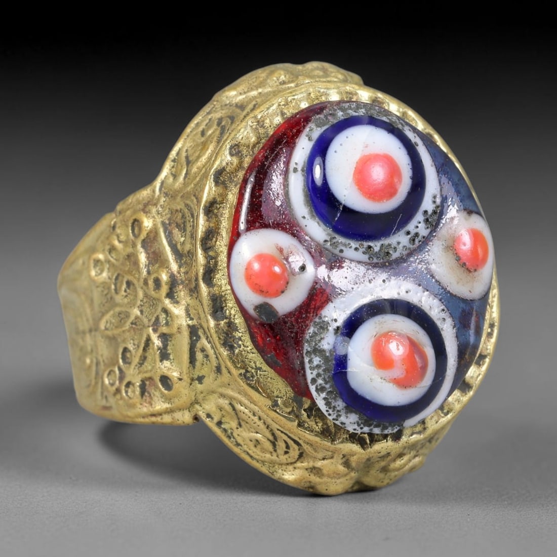 Antique Islamic Millefiori Evil Eye Glass Cabochon Set Vintage Signet Ring (1700-1900 CE), 48AN: The primary collectible value resides within the inset antique millefiori evil-eye glass cabochon, authentic genuine antique glass (distinguished from earlier ancient glass and modern vintage glass) c