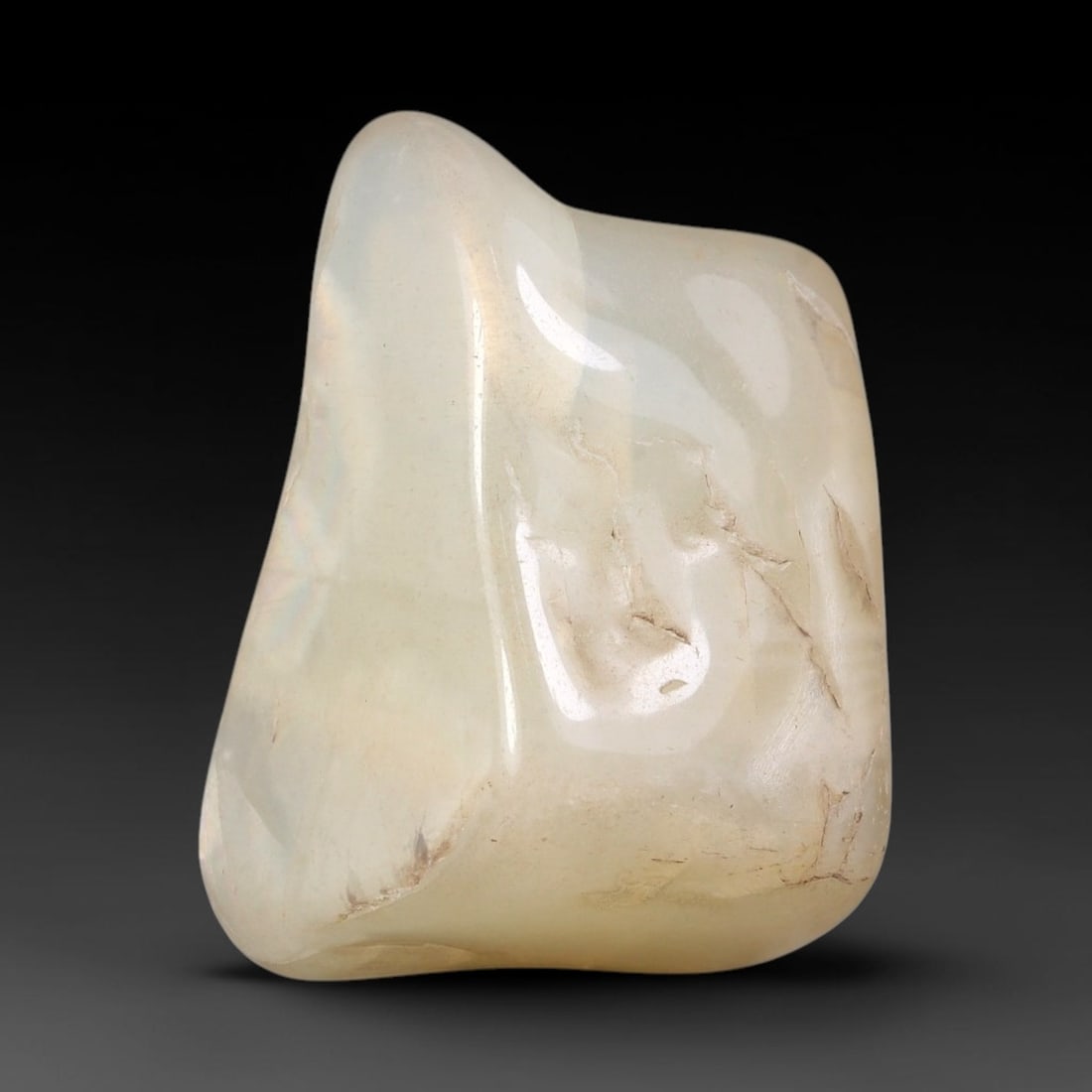 59ct Natural Ceylon Pale Cream White Moonstone Rough, 70AH: This smooth weathered moonstone rough carries soft pale cream white translucency with subtle internal silvery adularescent shimmer locked within its naturally tumbled surface, fine faint mineral veini