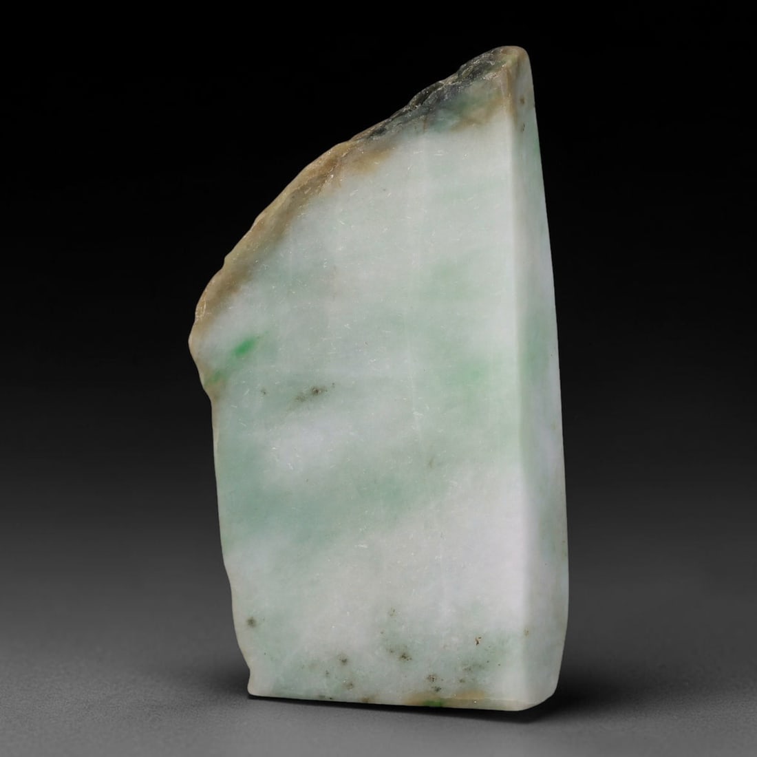 345ct Natural Type A Burmese Jadeite Jade Sliced Rough, 70FB: This specimen is a sliced rough block of natural Type A Burmese jadeite jade. The interior displays natural colour zoning with visible mineral veining and crystalline patterns typical of unprocessed j