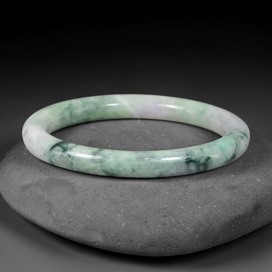 Natural Burmese Type A Jadeite Jade Bangle Bracelet, 91BK: Polished untreated Burmese Type A jadeite jade bangle bracelet with a 57 mm inner diameter and a 8 mm band width. Crafted into a classic rounded interior flat exterior shape with smooth continuous hig