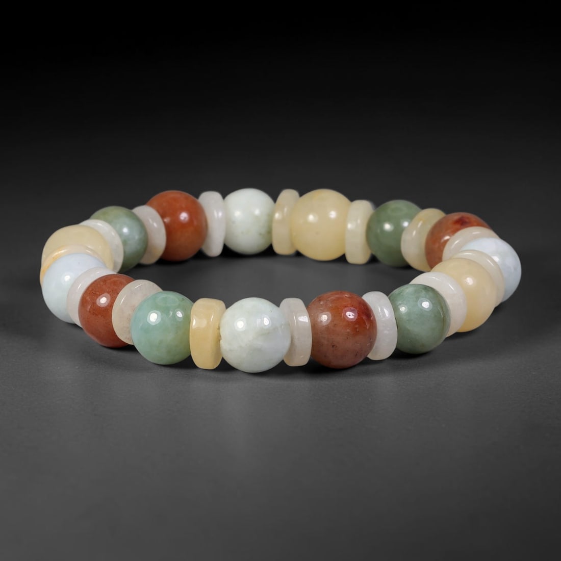 Natural Burmese Type A Jadeite Jade Beaded Bracelet, 18mm Beads, 58BK: Hand-strung bracelet crafted from polished untreated Burmese Type A jadeite jade beads. Every bead features smooth refined polishing with clean centered drill holes for sturdy flexible stringing. Auth