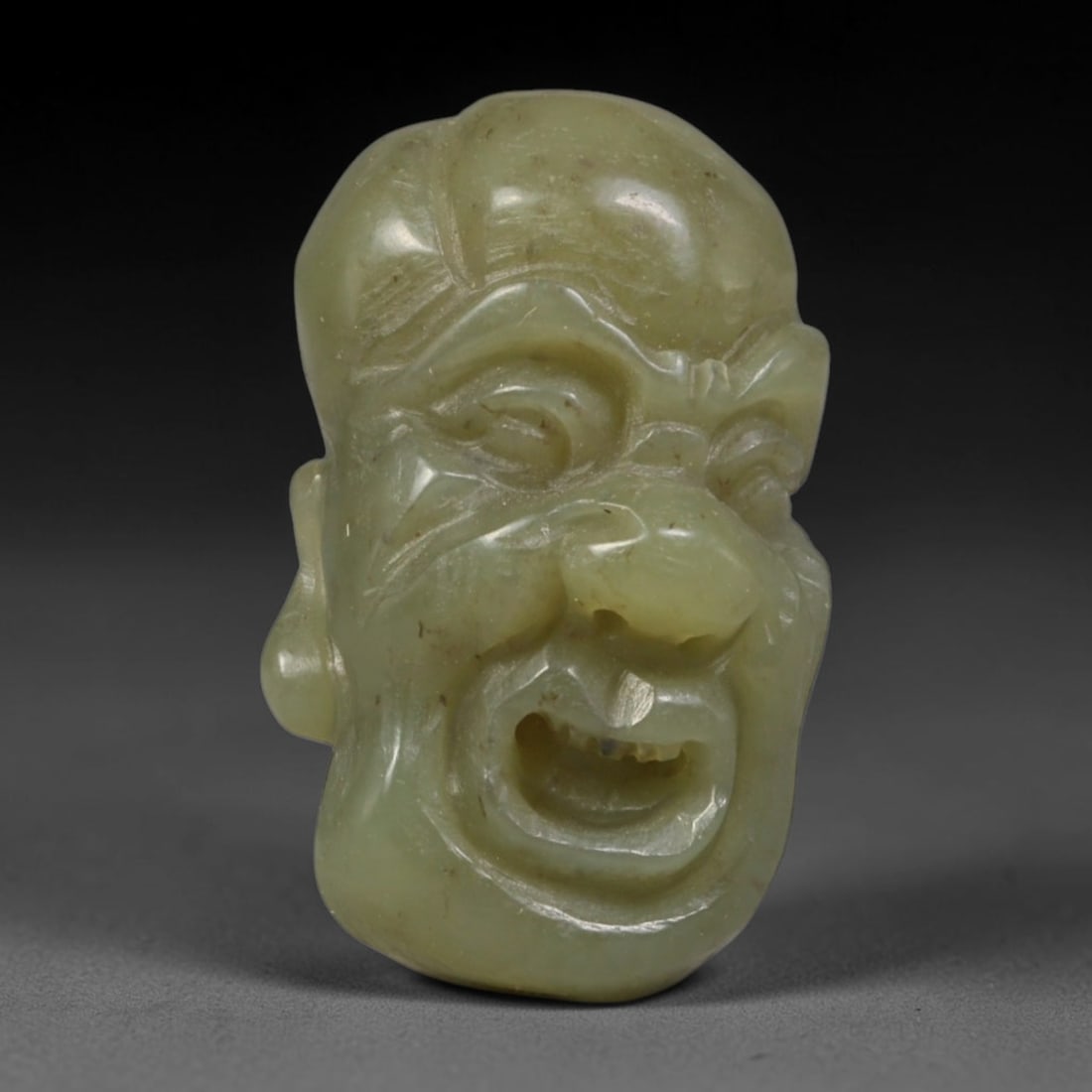 Natural Vintage Chinese Nephrite Jade Pale Yellow-Green Grinning Arhat Head Carved Face Bead, 97AA (1 of 2)