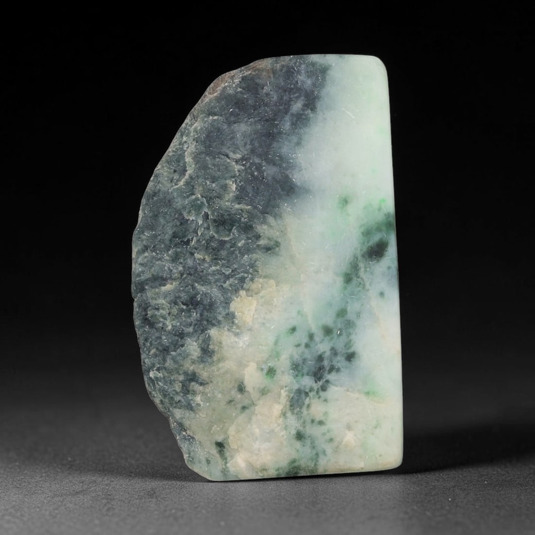 146ct Natural Type A Burmese Jadeite Jade Sliced Rough, 30FD: This specimen is a sliced rough block of natural Type A Burmese jadeite jade. The interior displays natural colour zoning with visible mineral veining and crystalline patterns typical of unprocessed j