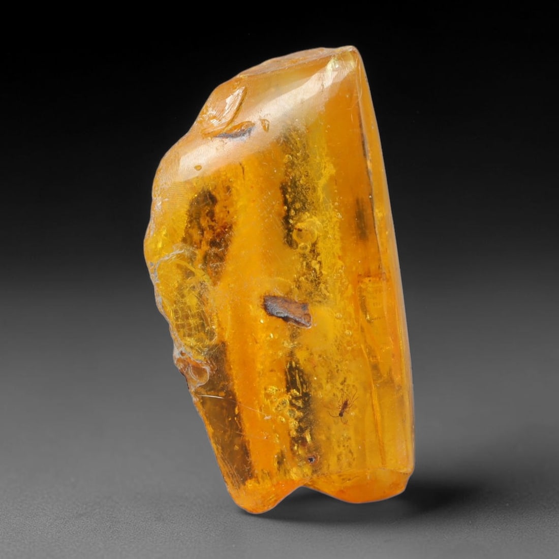 20ct Natural Baltic Polished Loose Freeform Amber Gemstone, 45AT: This smoothly polished freeform amber piece carries warm translucent organic clarity with fine natural fossil flecks and tiny mineral inclusions suspended throughout its 30x17mm flowing unstructured s