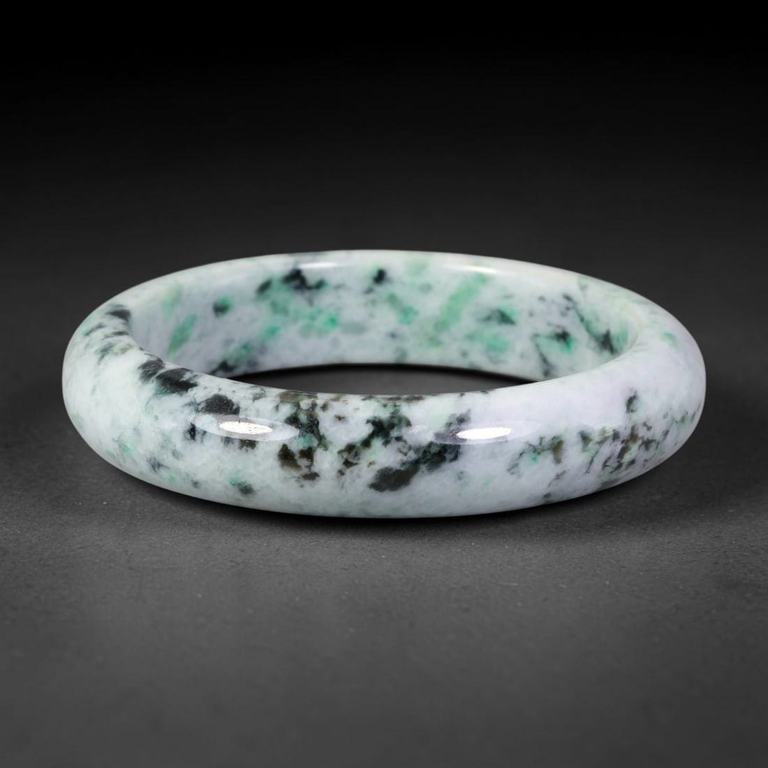 Natural Burmese Type A Jadeite Jade Bangle Bracelet, 87BK: Polished untreated Burmese Type A jadeite jade bangle bracelet with a 62 mm inner diameter and a 14 mm band width. Crafted into a classic rounded interior flat exterior shape with smooth continuous hi