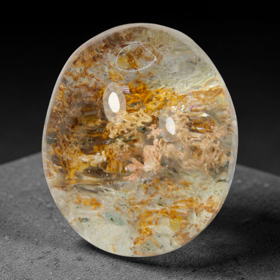 34ct Natural Brazilian Phantom Quartz Oval Cabochon Loose Gemstone, 55BM: This smoothly polished cabochon of natural phantom quartz preserves delicate layered phantom crystal formations enclosed inside transparent quartz host. The domed polished surface offers unobstructed 