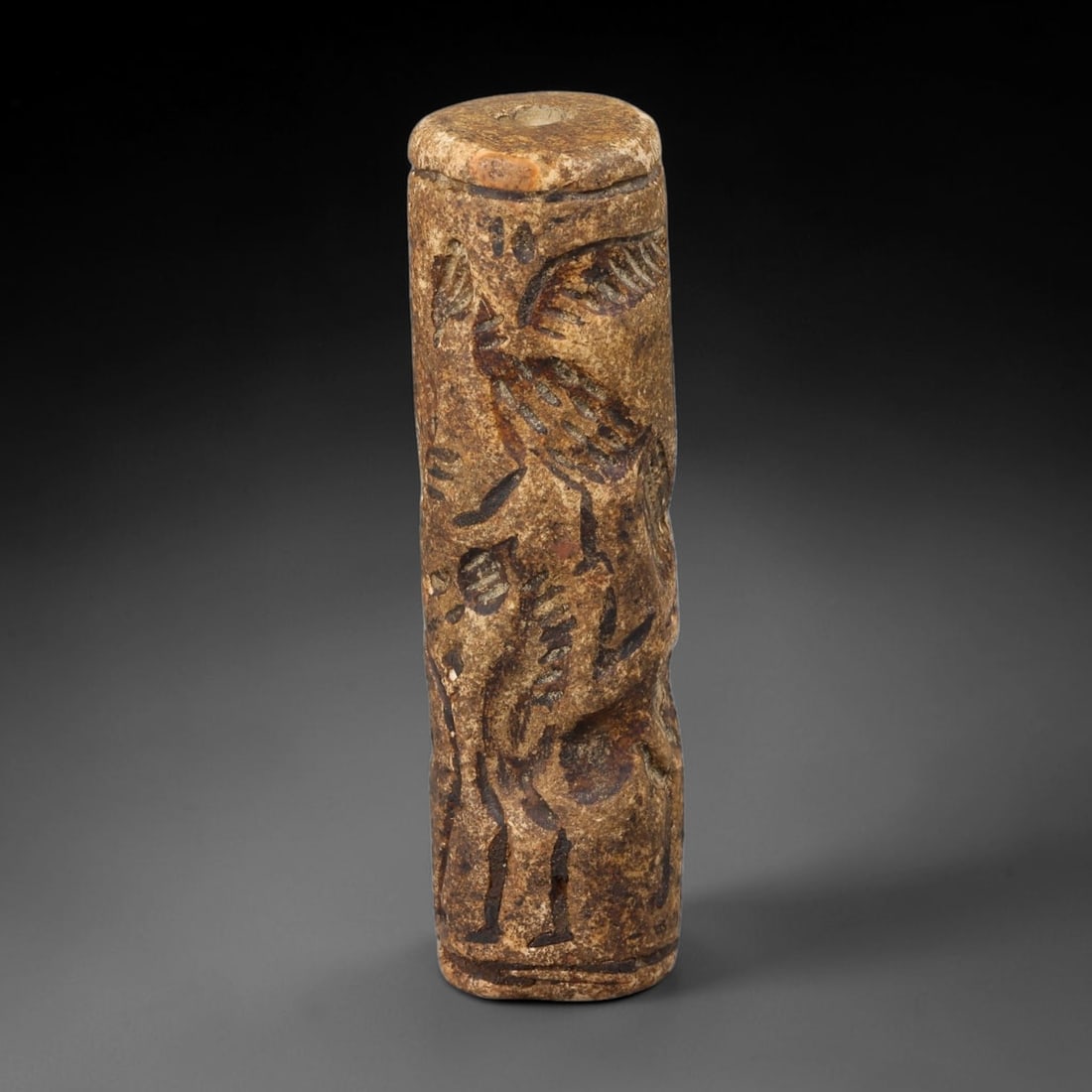 Ancient Mesopotamian Aged Stone Cylinder Seal (2900-2334 BCE), 83AB: Barrel-form stone cylinder seal with full central longitudinal perforation for cord mounting. The outer surface features finely incised naturalistic zoomorphic motifs: winged avian figure alongside qu