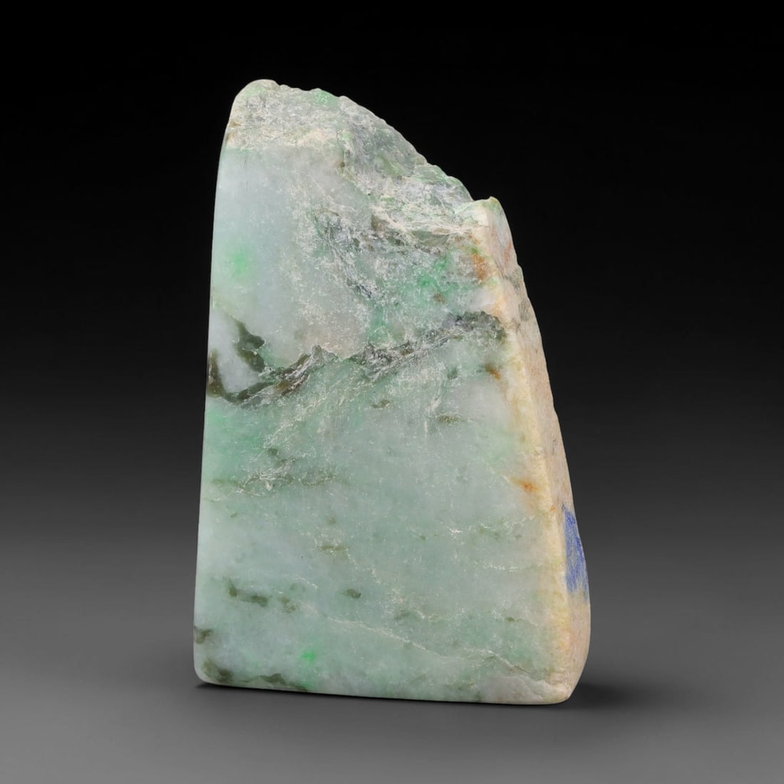 295ct Natural Type A Burmese Jadeite Jade Sliced Rough, 38BQ: This specimen is a sliced rough block of natural Type A Burmese jadeite jade. The interior displays natural colour zoning with visible mineral veining and crystalline patterns typical of unprocessed j