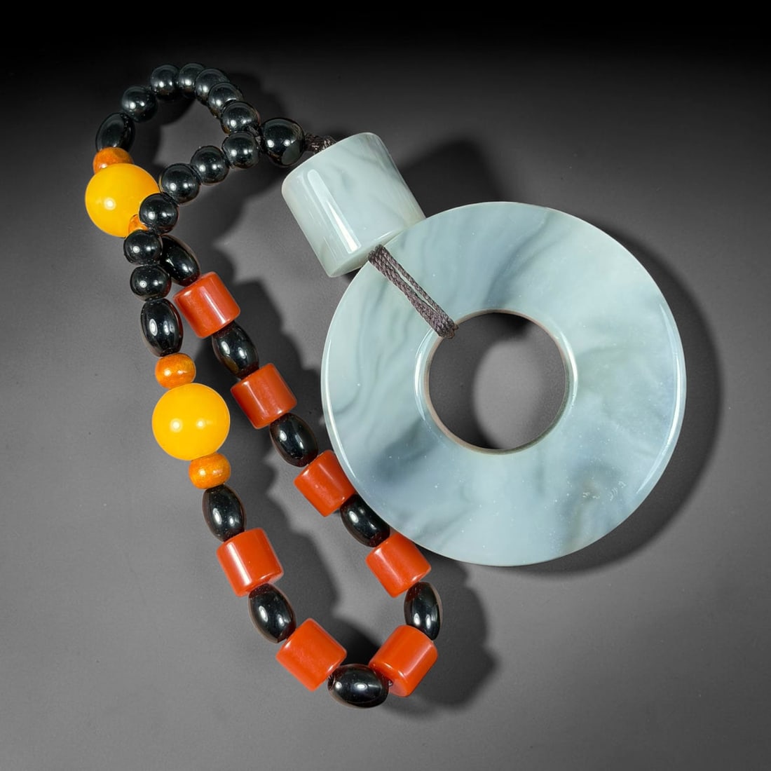 Natural Qinghua Grey Ink Nephrite Donut Peace Circle Pendant Necklace, 41BX: Crafted from genuine natural Qinghua ink wash nephrite jade, this classic circular peace buckle donut pendant measures 5.5 x 1.9 cm, featuring soft flowing grey ink cloud marbling naturally swirled ac
