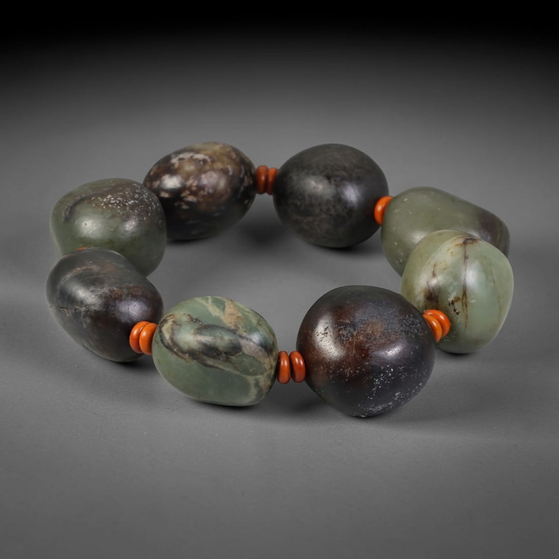 Natural Chinese Hetian Nephrite Jade Beaded Bracelet - Large Multi-Tone Raw Pebble Jade Strand, 12AP: Hand-strung bracelet crafted with oversized freeform natural Hetian nephrite pebble beads at 25mm, featuring a rich blend of natural muted celadon green, dark charcoal black, and earthy brown mineral 