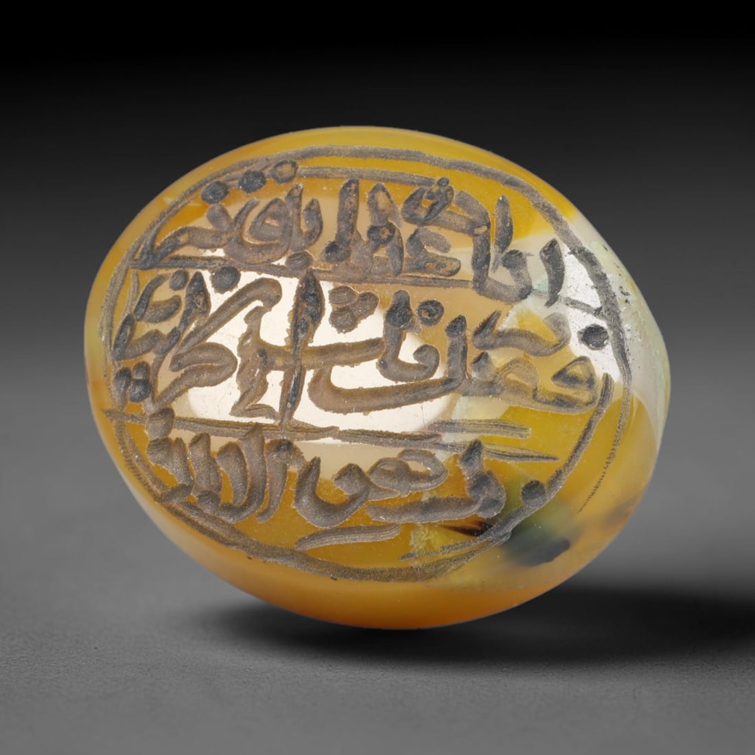 Early Vintage Islamic Natural Agate Script Intaglio Seal Cabochon (Post 1900 CE), 85BX: Fully hand-engraved agate intaglio seal tablet, crafted entirely by hand with no machine-assisted carving. The polished stone face features inscribed devotional script contained within a defined carvi