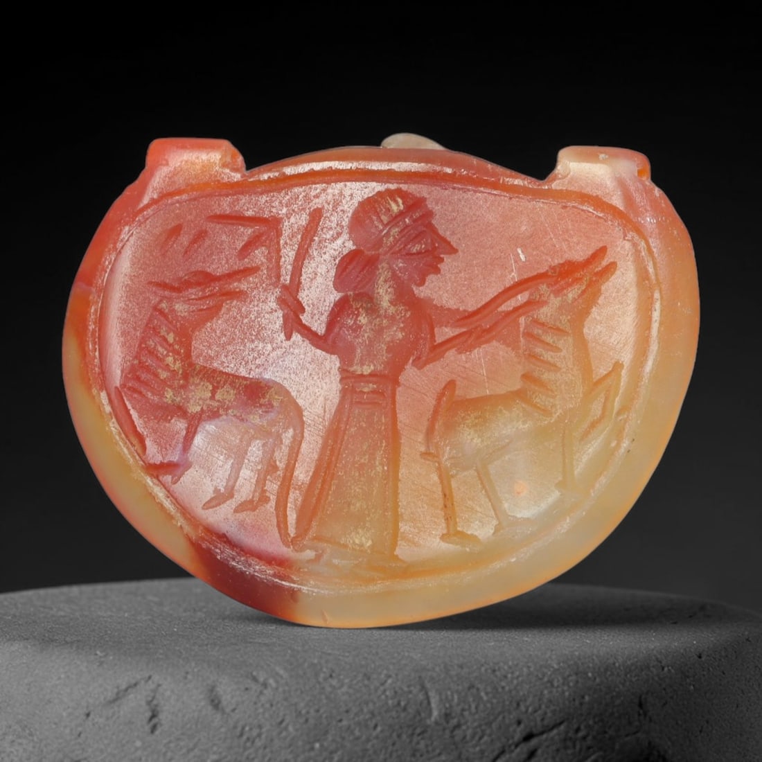 Vintage Natural Carnelian Agate Revival Indo-Persian Glyptic Figural Talisman Amulet Plaque, 54FL: This vintage talisman pendant plaque is skillfully carved from natural banded carnelian agate, crafted in a style referencing ancient Indo-Persian glyptic art traditions. The face bears detailed relie