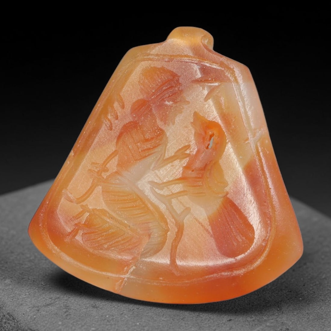Vintage Natural Carnelian Agate Revival Indo-Persian Glyptic Figural Talisman Amulet Plaque, 8FL: This vintage talisman pendant plaque is skillfully carved from natural banded carnelian agate, crafted in a style referencing ancient Indo-Persian glyptic art traditions. The face bears detailed relie
