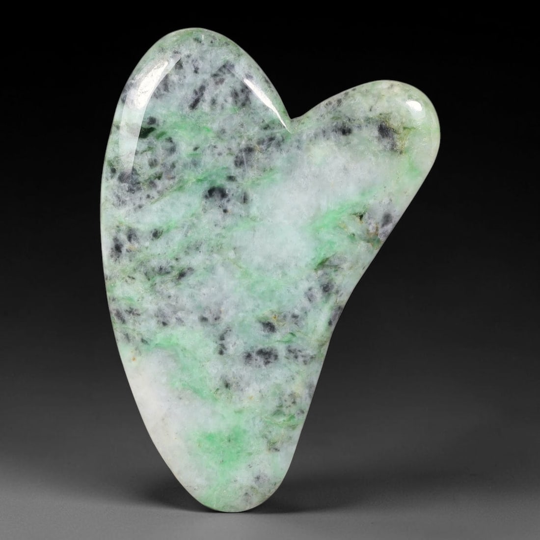 Natural Burmese Type A Jadeite Jade Facial Massage Gua Sha Tool, 33BK: Polished natural untreated Burmese Type A jadeite jade massage tool, measuring 82x55x6 mm. Crafted into the classic heart-shaped contour tool widely used for traditional facial and body stone massage 