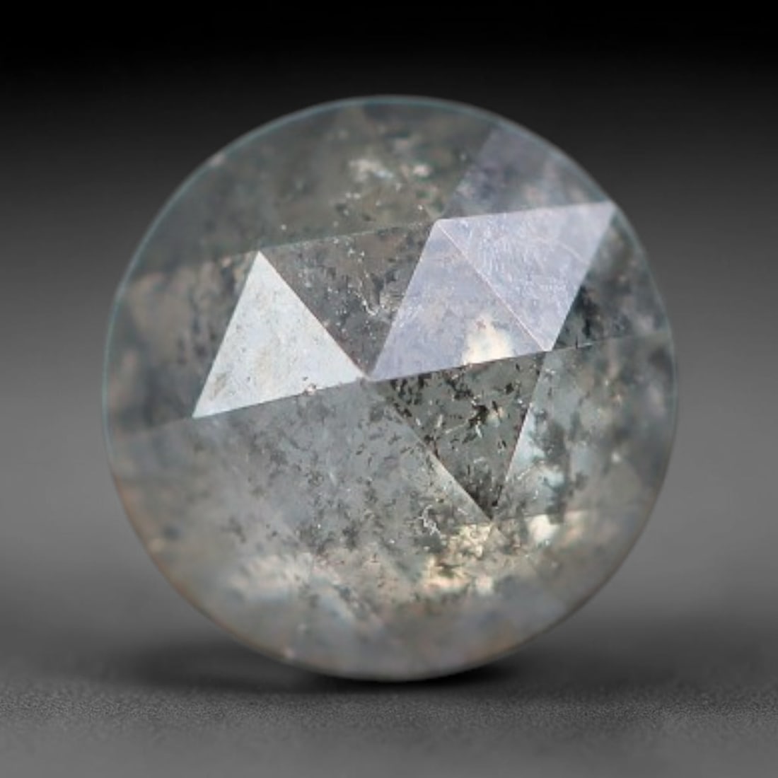 0.20ct Natural Untreated Salt And Pepper Round Rose Cut Diamond Loose Gemstone, 51BH: This polished natural salt and pepper diamond features a translucent pale base naturally scattered with distinctive dark mineral speckles and inclusions throughout its crystal interior, measured at ca