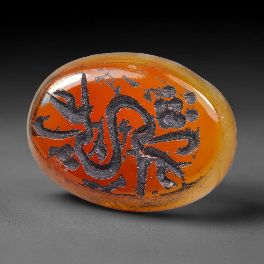 Vintage Mid-Century Carnelian Agate Islamic Calligraphic Intaglio Seal Cabochon Talisman, 44BW: This vintage mid-century natural carnelian agate intaglio seal cabochon draws inspiration from historic Islamic lapidary traditions, crafted as a wearable talisman and seal blank for jewelry setting. 