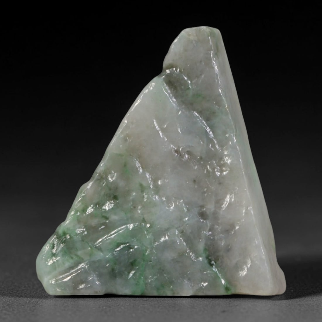 235ct Natural Type A Burmese Jadeite Jade Polished Sliced Rough, 91AZ: This specimen is a sliced rough block of natural Type A Burmese jadeite jade. The interior displays natural colour zoning with visible mineral veining and crystalline patterns typical of unprocessed j