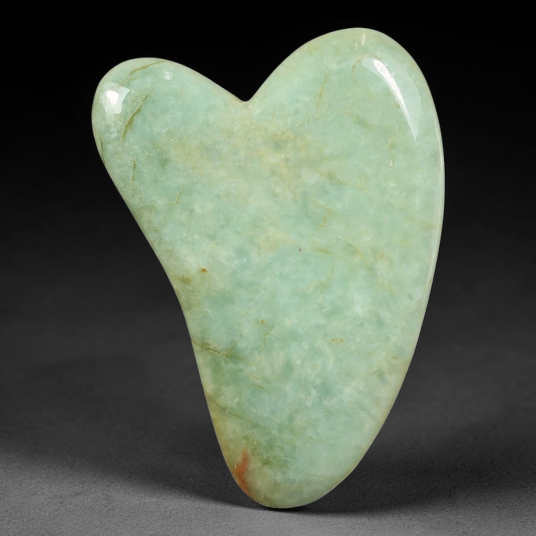 Natural Burmese Type A Jadeite Jade Facial Massage Gua Sha Tool, 34BK: Polished natural untreated Burmese Type A jadeite jade massage tool, measuring 82x56x6 mm. Crafted into the classic heart-shaped contour tool widely used for traditional facial and body stone massage 