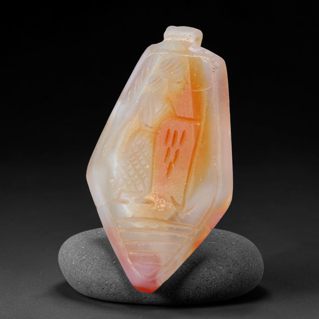 Vintage Natural Carnelian Agate Revival Indo-Persian Glyptic Figural Talisman Amulet Plaque, 79FK: This vintage talisman pendant plaque is skillfully carved from natural banded carnelian agate, crafted in a style referencing ancient Indo-Persian glyptic art traditions. The face bears detailed relie