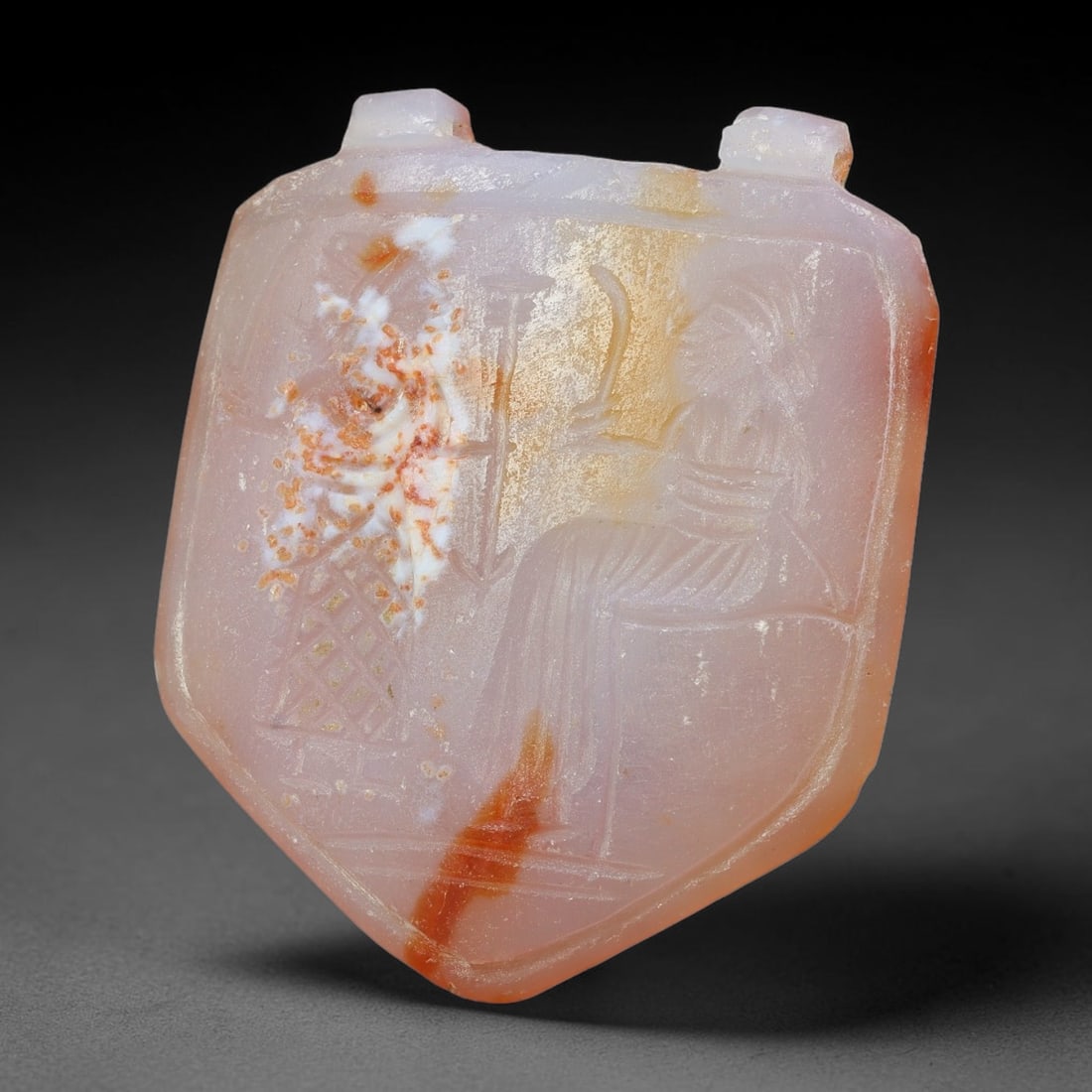 Vintage Natural Carnelian Agate Revival Indo-Persian Glyptic Figural Talisman Amulet Plaque, 3FK: This vintage talisman pendant plaque is skillfully carved from natural banded carnelian agate, crafted in a style referencing ancient Indo-Persian glyptic art traditions. The face bears detailed relie