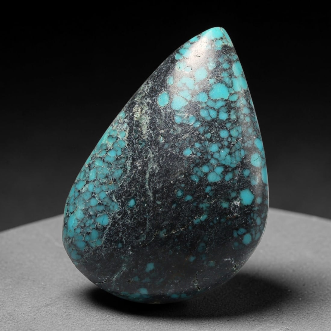 27ct Vintage Tibetan Natural Turquoise Freeform Cabochon Loose Gemstone, 92BW: Polished vintage Tibetan turquoise freeform cabochon loose gemstone, measuring 31x20 mm. Features characteristic natural matrix webbing and earthy mineral markings inherent to authentic Tibetan turquo