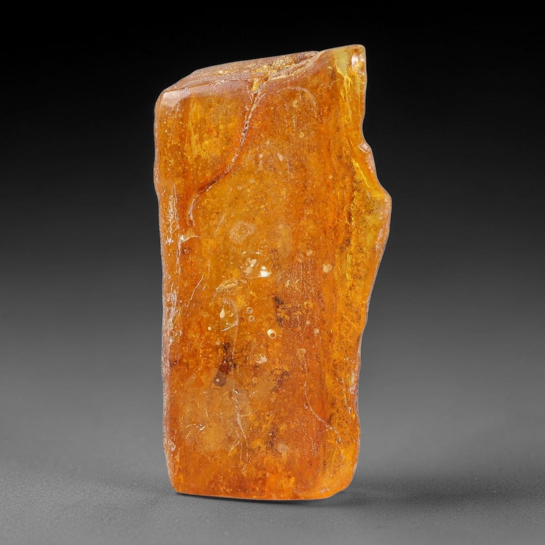 14.45ct Natural Baltic Polished Loose Freeform Amber Gemstone, 98AT: This smoothly polished freeform amber piece carries warm translucent organic clarity with fine natural fossil flecks and tiny mineral inclusions suspended throughout its 28x15mm flowing unstructured s