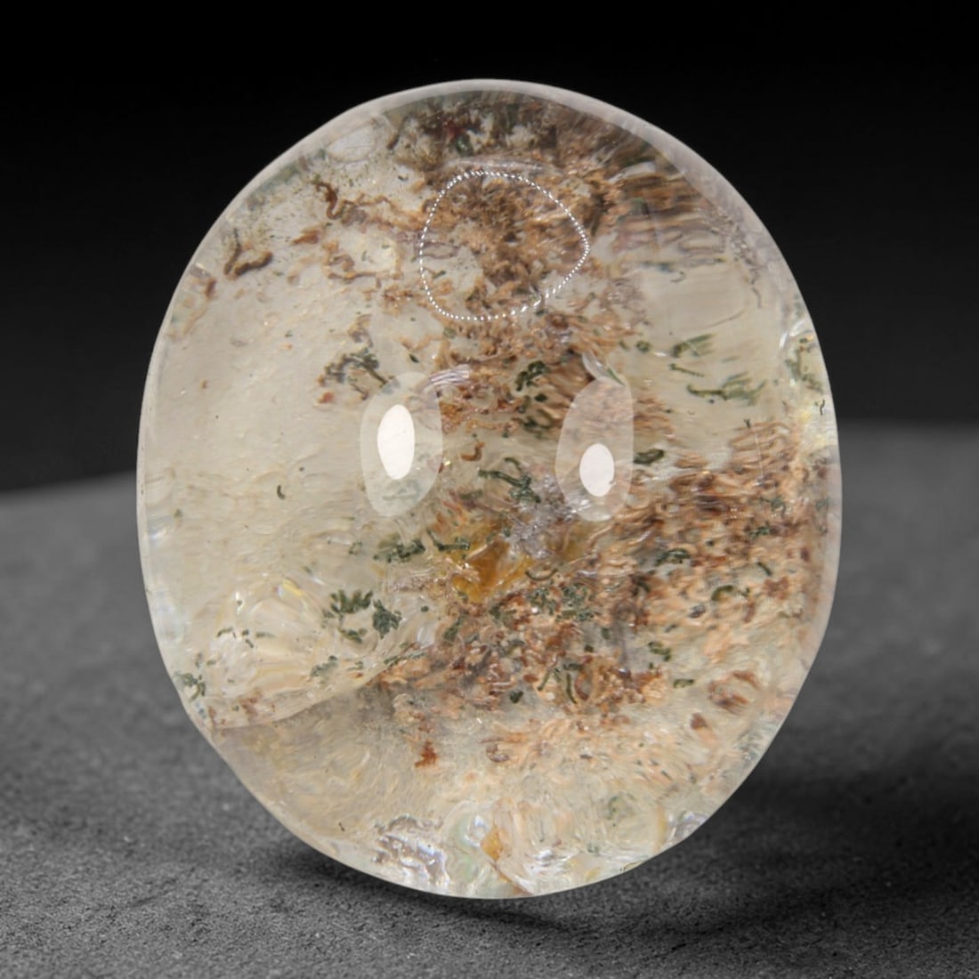 40ct Natural Brazilian Phantom Quartz Oval Cabochon Loose Gemstone, 38BM: This smoothly polished cabochon of natural phantom quartz preserves delicate layered phantom crystal formations enclosed inside transparent quartz host. The domed polished surface offers unobstructed 