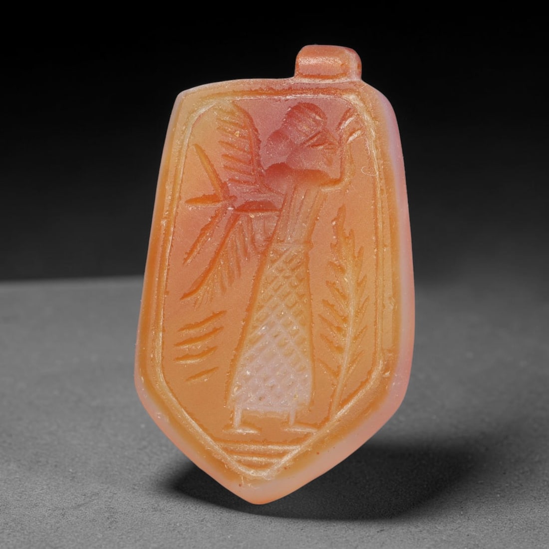 Vintage Natural Carnelian Agate Revival Indo-Persian Glyptic Figural Talisman Amulet Plaque, 24FL: This vintage talisman pendant plaque is skillfully carved from natural banded carnelian agate, crafted in a style referencing ancient Indo-Persian glyptic art traditions. The face bears detailed relie