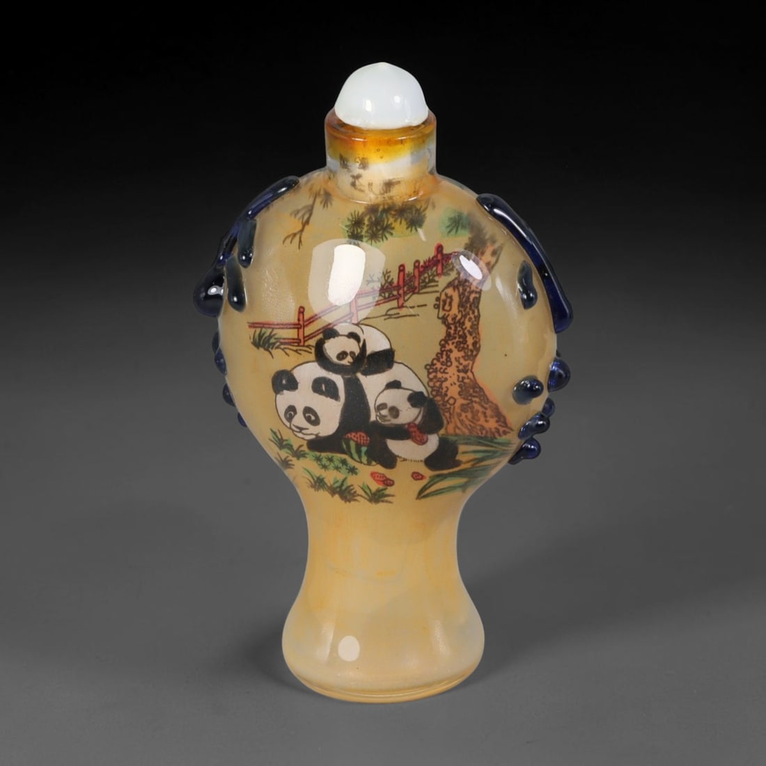 Vintage Chinese Inside Painted Peking Glass Snuff Bottle - Hand Reverse Painted Panda Family, 28AS: This uniquely shaped gourd-style snuff bottle is crafted from translucent warm beige frosted Peking glass, decorated with fine traditional Chinese inner reverse painting artwork featuring a playful pa
