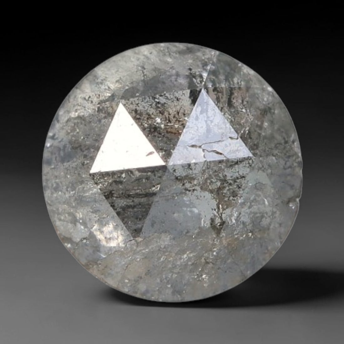 0.29ct Natural Untreated Salt And Pepper Round Rose Cut Diamond Loose Gemstone, 45BH: This polished natural salt and pepper diamond features a translucent pale base naturally scattered with distinctive dark mineral speckles and inclusions throughout its crystal interior, measured at ca