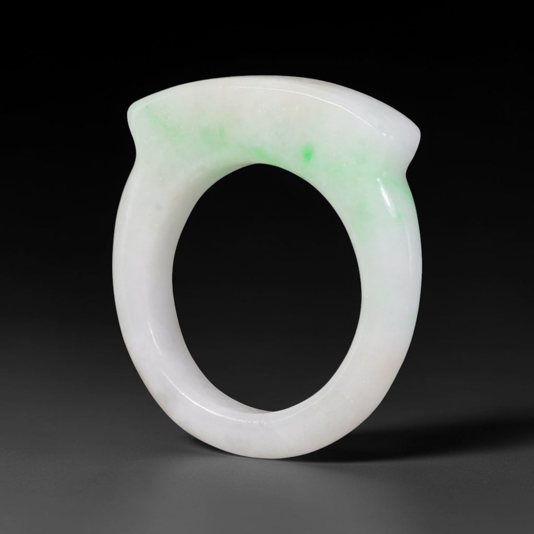 Natural Burmese Type A Jadeite Jade Moss-in-Snow Saddle Ring, 72BG: Hand-polished untreated Burmese Type A jadeite jade saddle ring, US ring size 9.50 with a band width of 6 mm. Showcases classic moss-in-snow patterning: bright apple green flecks naturally scattered a
