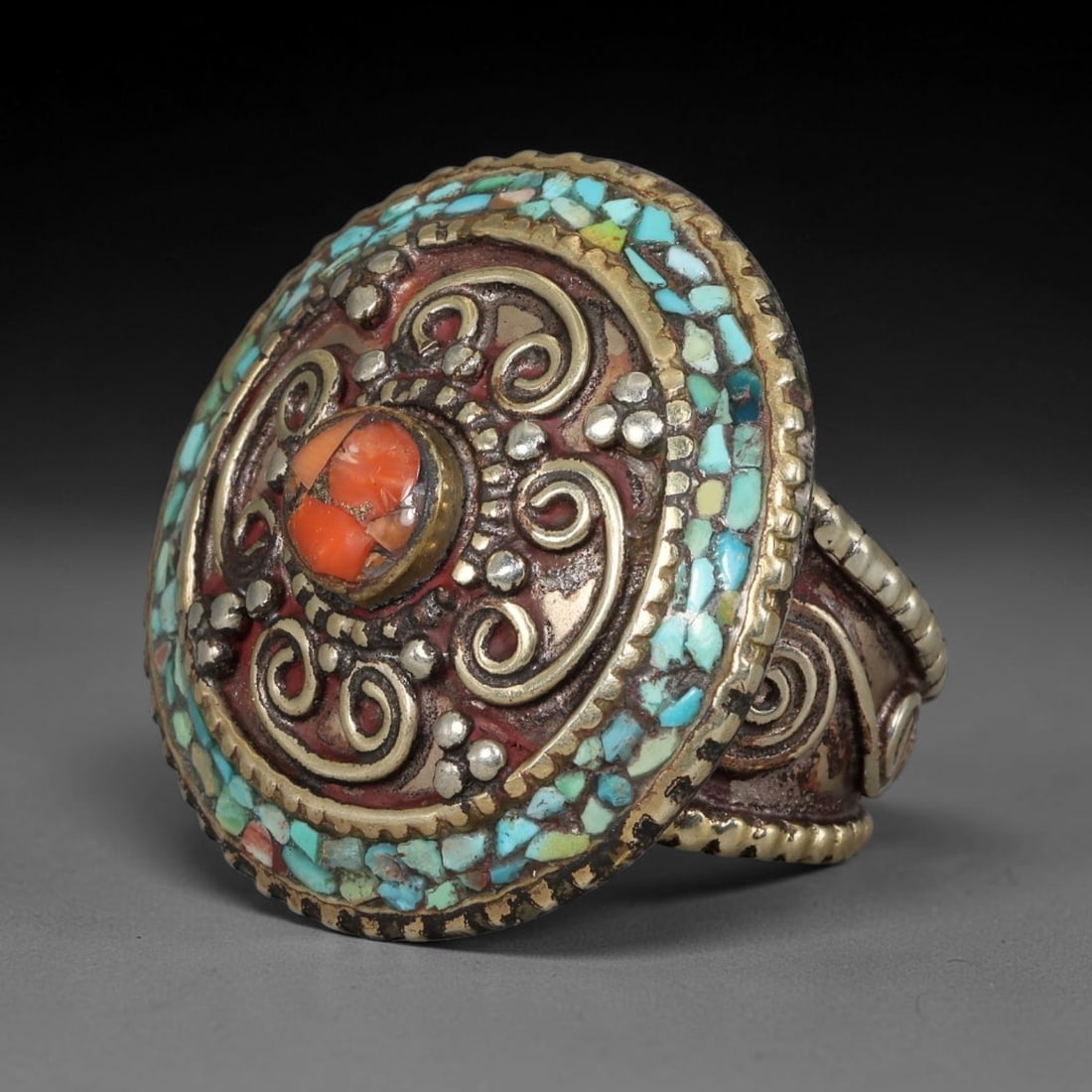 Vintage Tibetan Tribal Silver Plated Gemstone Inlay Ring, US Size 12, 82BY: Vintage Tibetan constructed ring with silver plated metal framework. The face features carefully set natural mineral inlays surrounded by detailed traditional metal ornamentation and textured border d