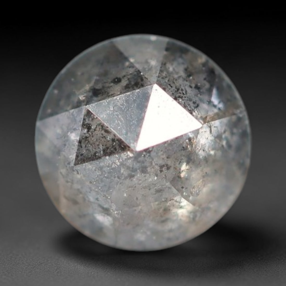 0.21ct Natural Untreated Salt And Pepper Round Rose Cut Diamond Loose Gemstone, 61BH: This polished natural salt and pepper diamond features a translucent pale base naturally scattered with distinctive dark mineral speckles and inclusions throughout its crystal interior, measured at ca