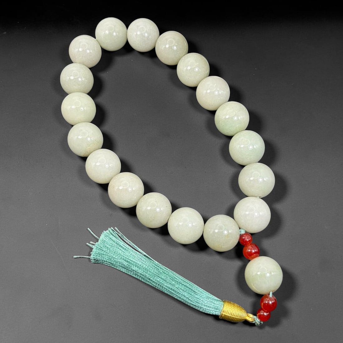 Natural Xinjiang Pale Celadon White Hetian Jade Prayer Mala 18.4mm Beads, 46EC: This authentic Chinese meditation prayer mala measures 39 cm in full length, handcrafted from genuine natural untreated Xinjiang pale celadon white Hetian nephrite jade, also known as Qing Bai Yu in C