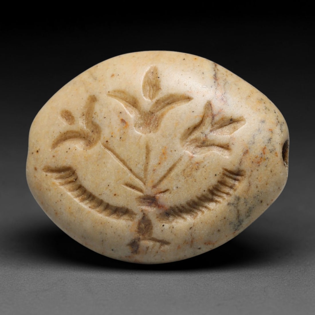Ancient Sasanian Persian Empire Pale Cream Stone Intaglio Bead (224-651 CE), 56EC: This pale cream stone intaglio bead originates from the Sasanian Persian Empire, decorated with a finely incised symbolic tree motif flanked by stylized avian figures, a common emblem of life, prosper