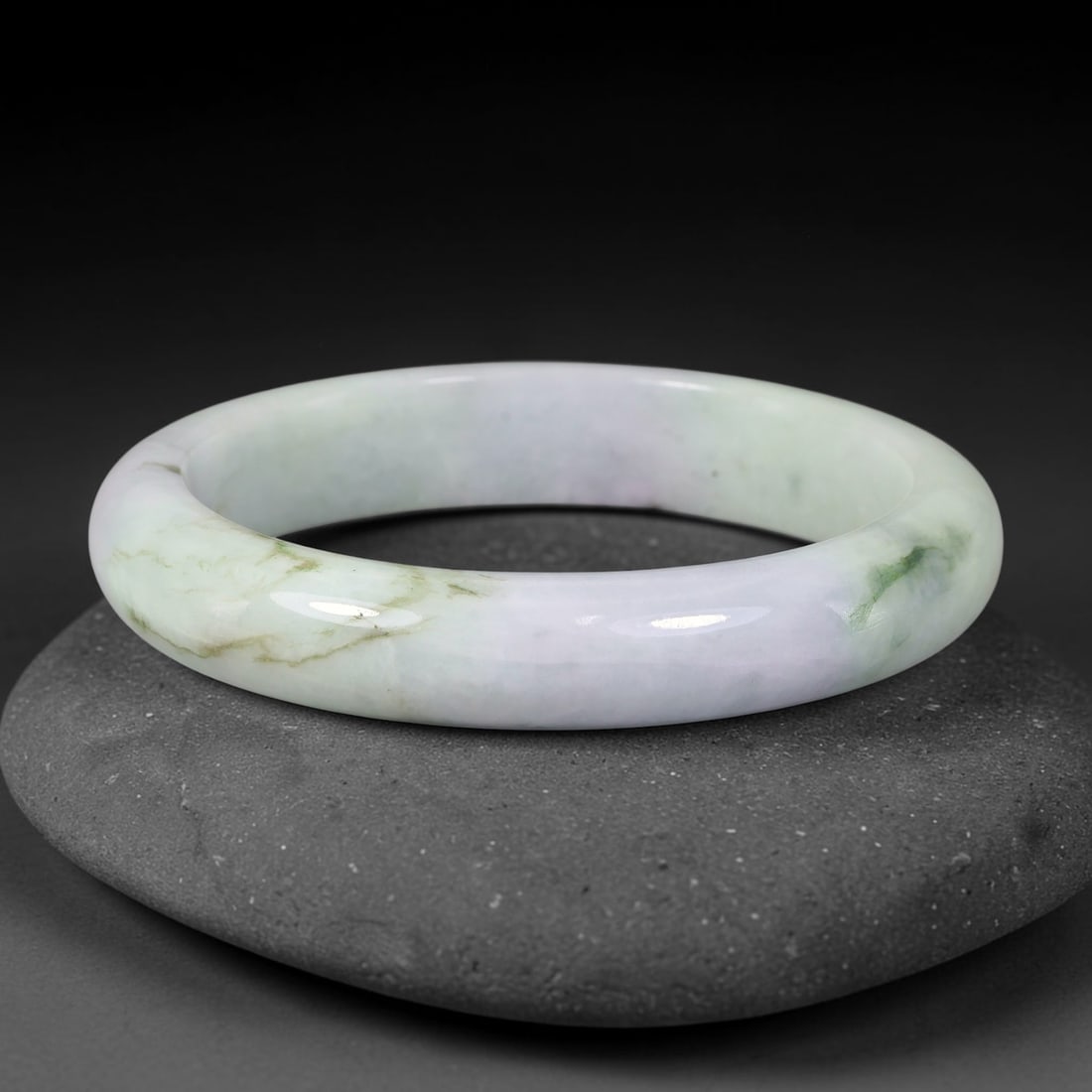 Natural Burmese Type A Jadeite Jade Bangle Bracelet, 84BK: Polished untreated Burmese Type A jadeite jade bangle bracelet with a 56 mm inner diameter and a 12 mm band width. Crafted into a classic rounded interior flat exterior shape with smooth continuous hi