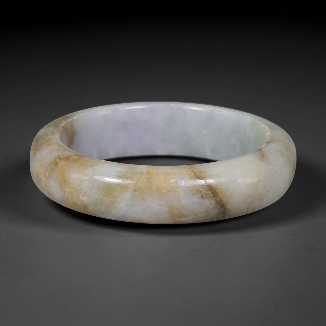 Natural Burmese Type A Yellow Brown Lavender Jadeite Jade Bangle, 95FD: Crafted from natural untreated Burmese Type A jadeite jade, this compact small-size bangle features warm honey yellow and caramel brown flowing streaks overlaying a soft pale lavender translucent base