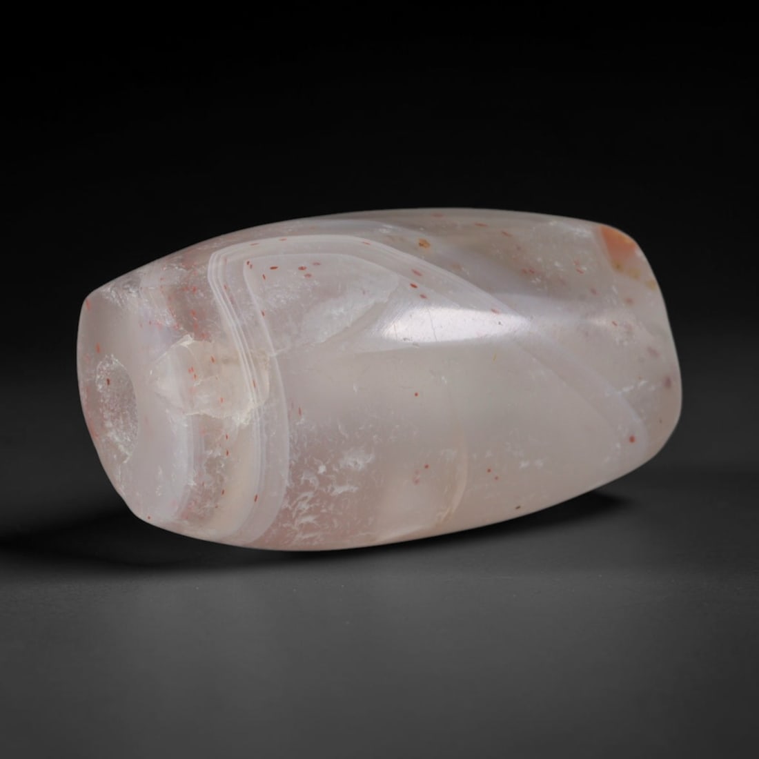 Ancient Neo-Babylonian Civilization Banded Agate Barrel Bead (626-539 BCE), 49AD: This antique banded agate barrel bead originates from the Neo-Babylonian Civilization, late Bronze Age Mesopotamian artisans who crafted agate beads for royal temple offerings and elite burial regalia