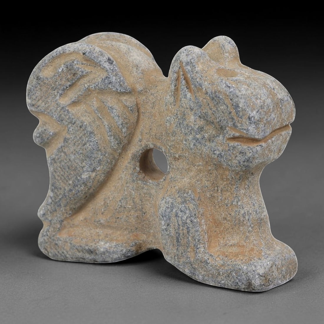 Antique Medieval Silk Road Carved Stone Mythical Beast Effigy Artifact, 87AN: Carved from weathered grey stone with natural patination and earthy surface deposits, this artifact depicts a stylized mythical quadruped figure, characteristic of medieval Silk Road iconography. The 
