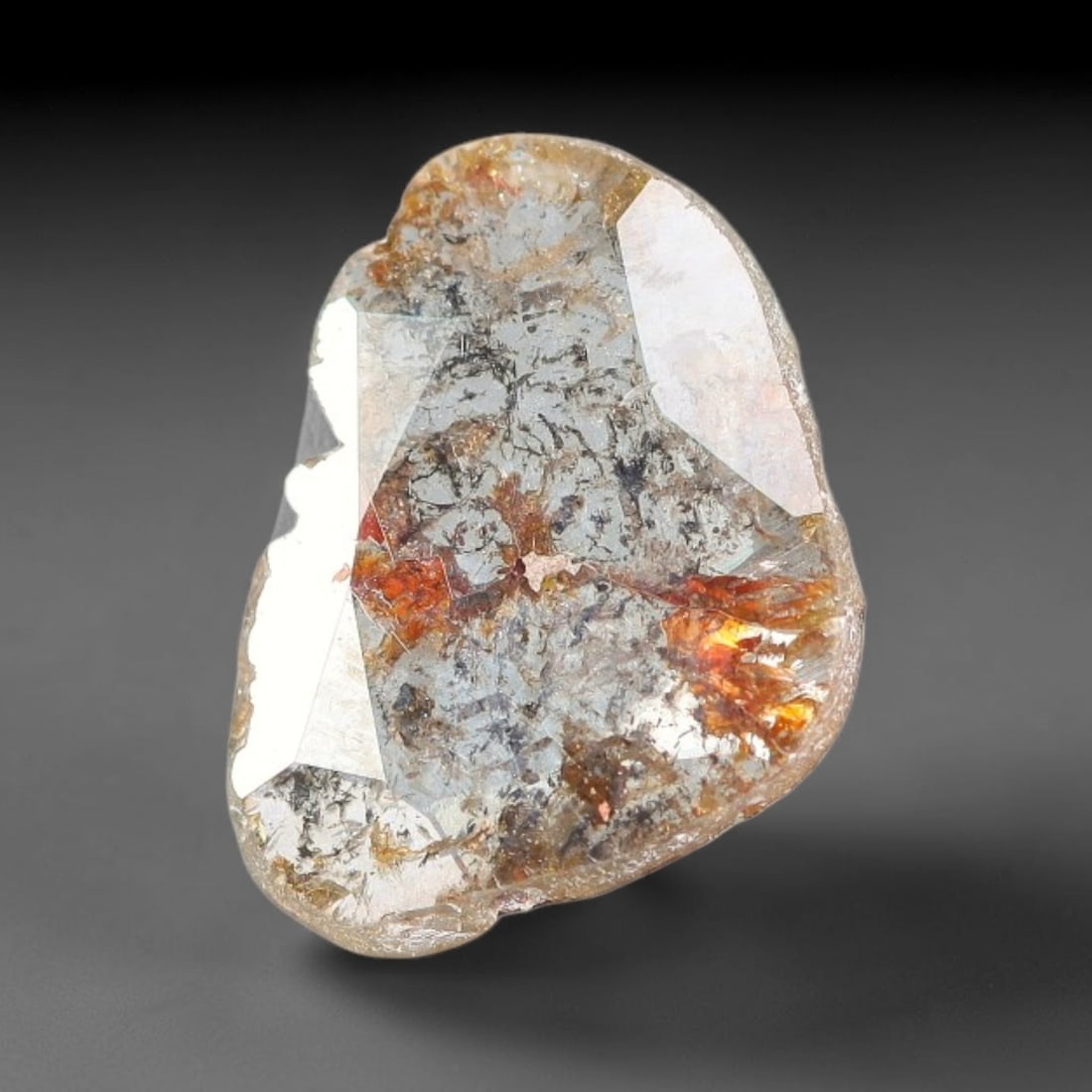 0.30ct Natural Fancy Diamond Slice, Hand Rose Cut with Pictorial Inclusions Loose Gemstone, 60BG: This unique natural diamond slice features a delicate hand-executed rose cut surface, showcasing captivating pictorial mineral inclusions trapped within the diamond matrix. Measuring 8x5.8x0.6mm, the 