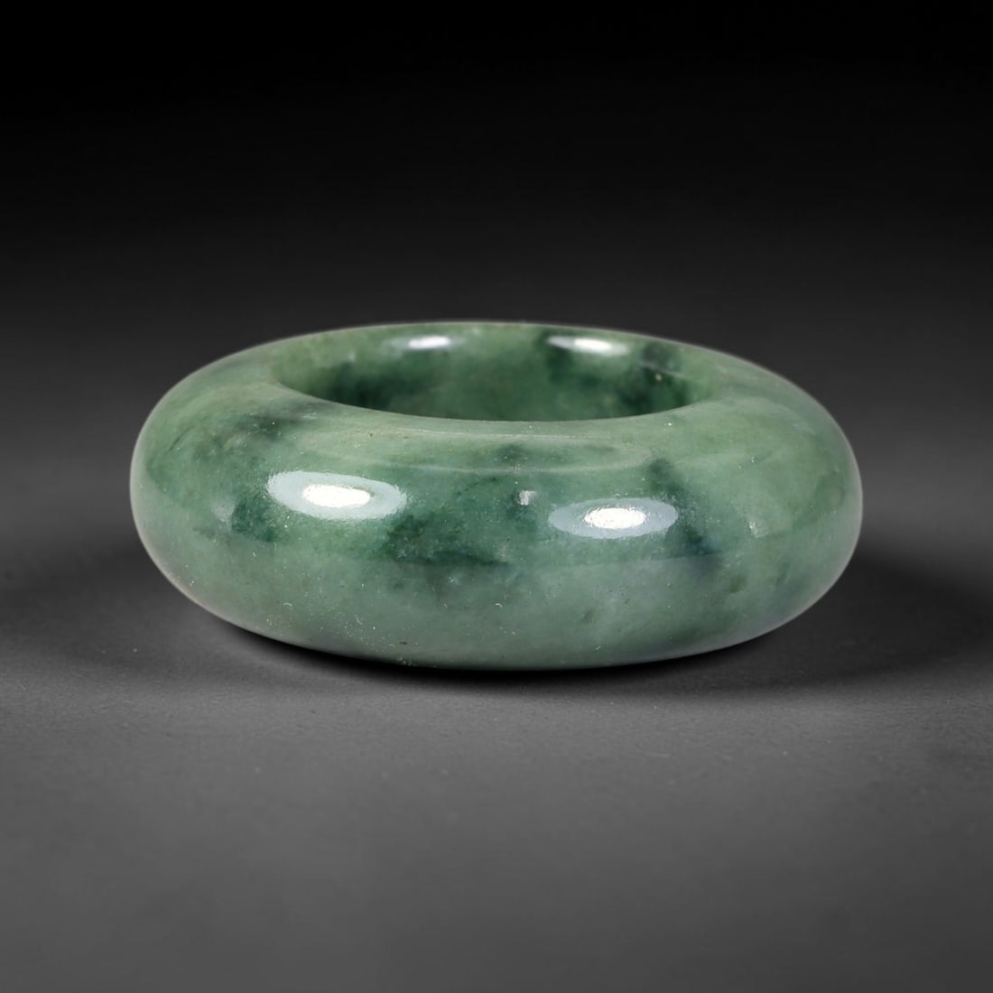 Natural Burmese Type A Jadeite Jade Wide Band Ring, 24BK: Polished untreated Burmese Type A jadeite jade wide band ring, US ring size 12.75 with a substantial band width of 12 mm. The jadeite features a soft pale mint green base naturally streaked with flowi