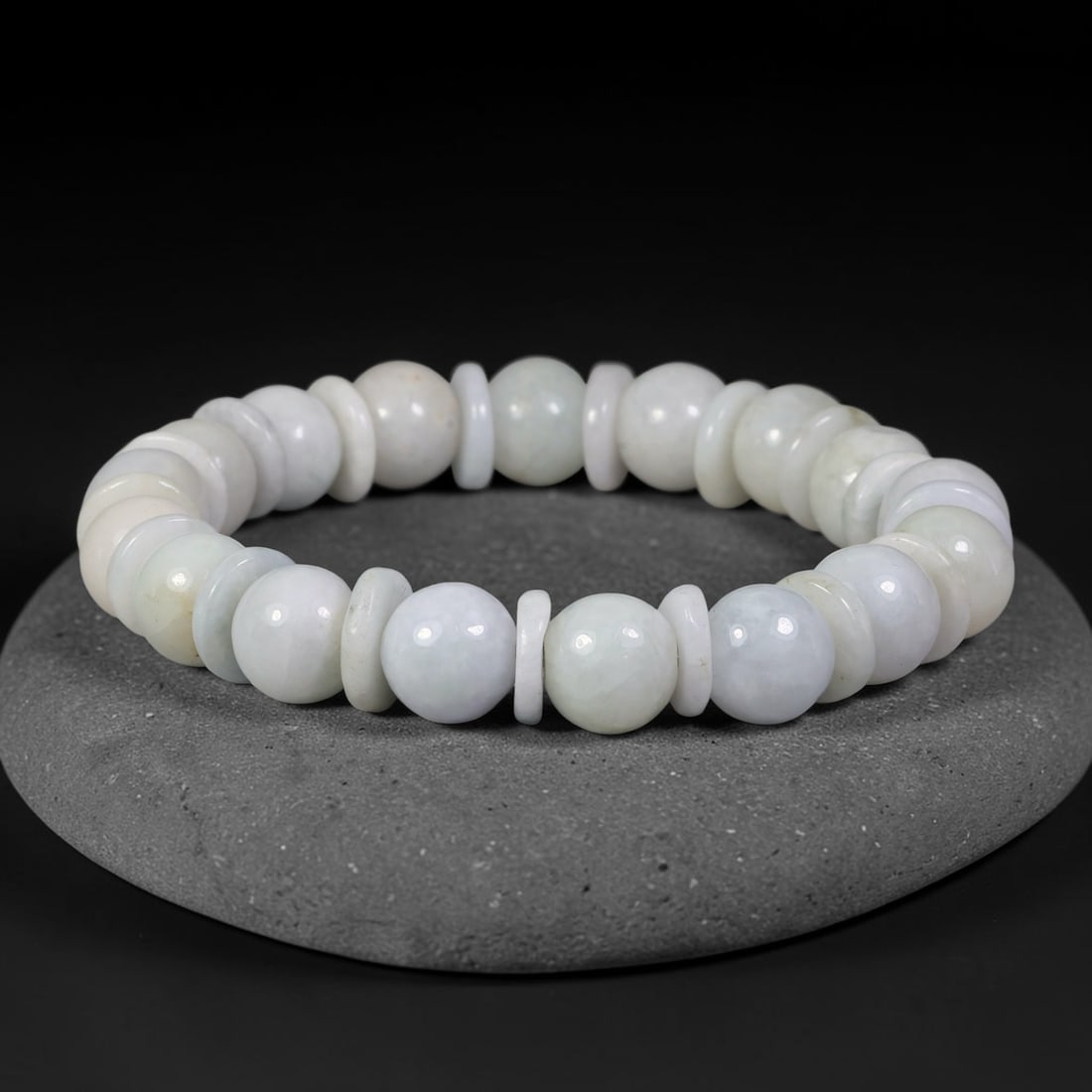 Natural Burmese Type A Jadeite Jade Beaded Bracelet, 59BK: Hand-strung bracelet crafted from polished untreated Burmese Type A jadeite jade beads. Every bead features smooth refined polishing with clean centered drill holes for sturdy flexible stringing. Auth
