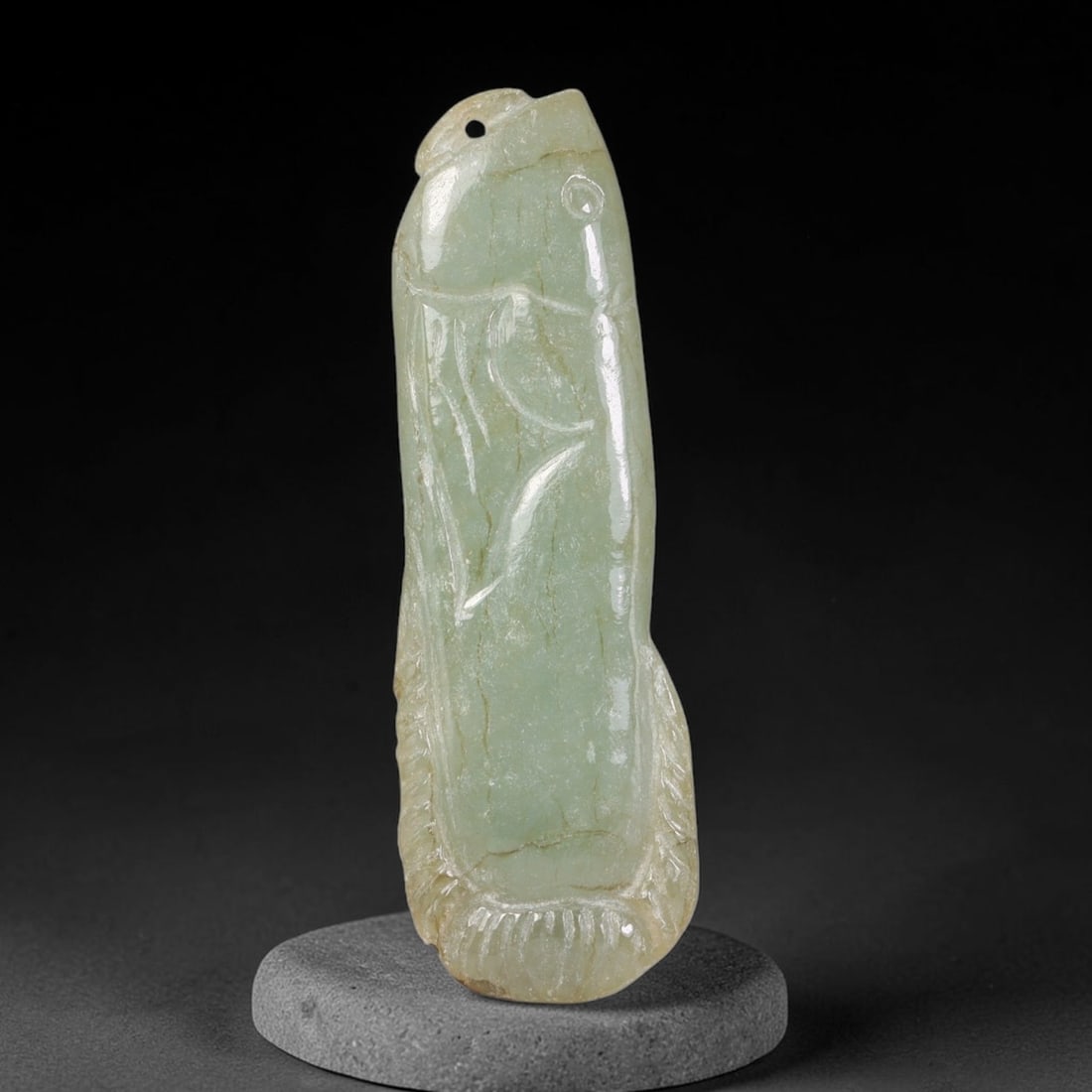 Natural Burmese Type A Jadeite Jade Hand Carved Pendant, 46BP: Artisan hand-carved untreated Burmese Type A jadeite jade pendant measuring 46x15 mm. Carefully sculpted with detailed relief craftsmanship and finished with a smooth glossy polish. Authentic Type A j