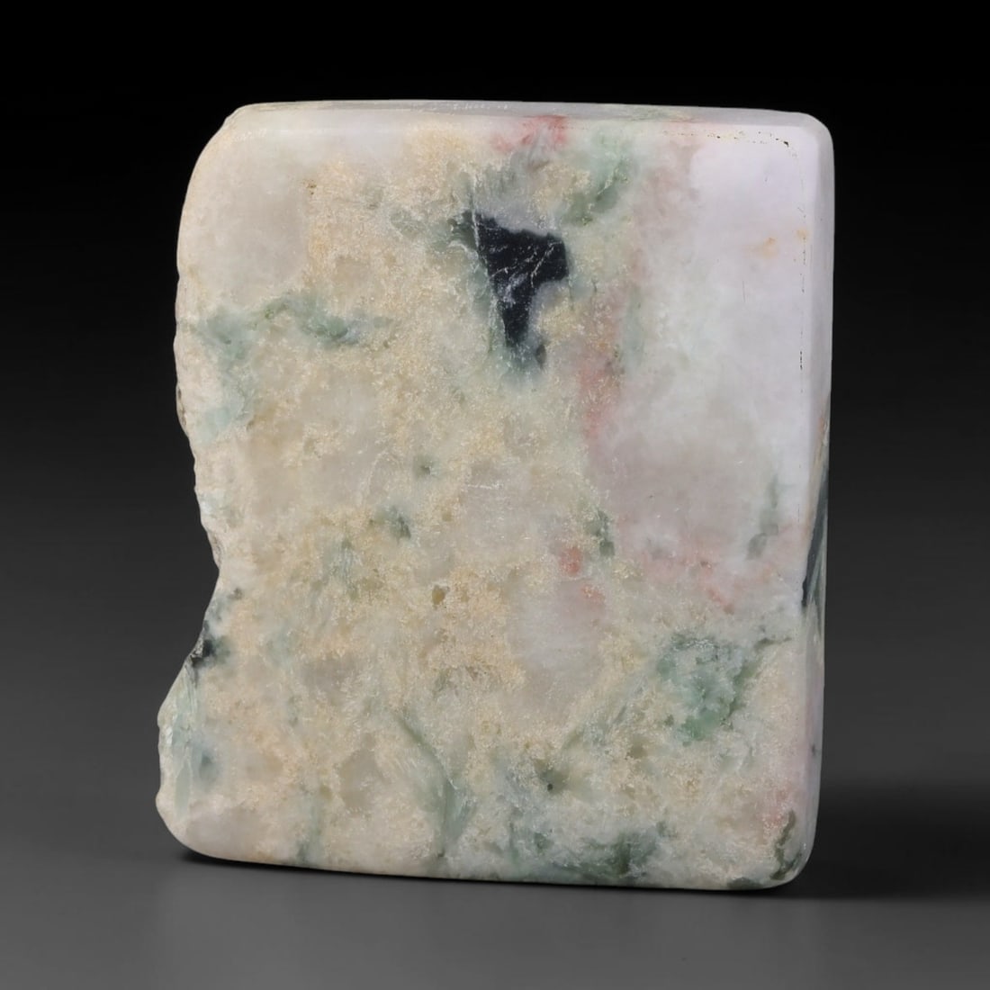 265ct Natural Type A Burmese Jadeite Jade Sliced Rough, 61FD: This specimen is a sliced rough block of natural Type A Burmese jadeite jade. The interior displays natural colour zoning with visible mineral veining and crystalline patterns typical of unprocessed j