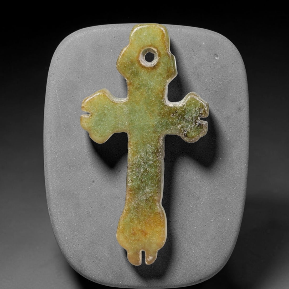 Natural Burmese Type A Jadeite Jade Christian Cross Pendant, 1BT: Hand crafted untreated Burmese Type A jadeite jade cross pendant measuring 35x18 mm, shaped into a classic Christian cross silhouette with tapered pointed terminals. The stone features a smooth polish